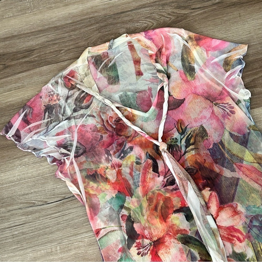 Espresso Multicolor Floral Sheer Butterfly Sleeve Shirt Fits Women Medium - Picture 4 of 7